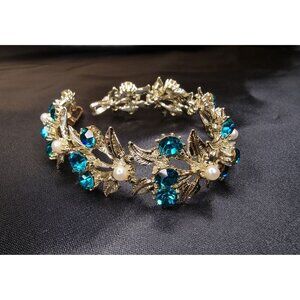 Rare Find Vintage 1960s Gold-Tone Bracelet W/ Blue Rhinestones & Faux Pearls